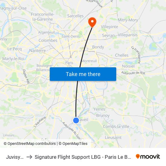 Juvisy RER to Signature Flight Support LBG - Paris Le Bourget Terminal 2 map