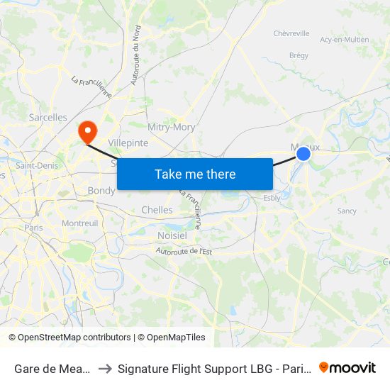 Gare de Meaux (Quai D) to Signature Flight Support LBG - Paris Le Bourget Terminal 2 map