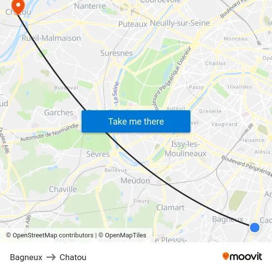 Bagneux to Chatou map