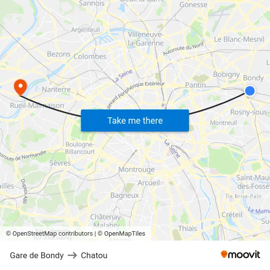 Gare de Bondy to Chatou map