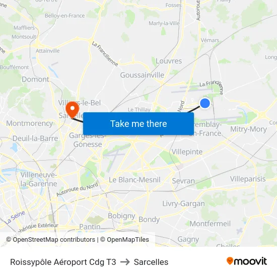 Roissypôle Aéroport Cdg T3 to Sarcelles map