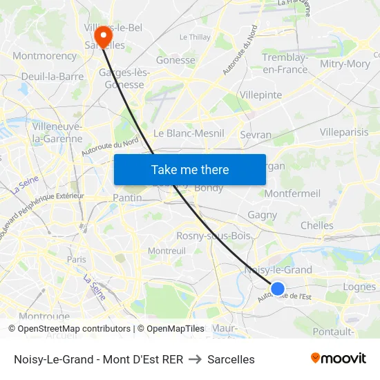 Noisy-Le-Grand - Mont D'Est RER to Sarcelles map