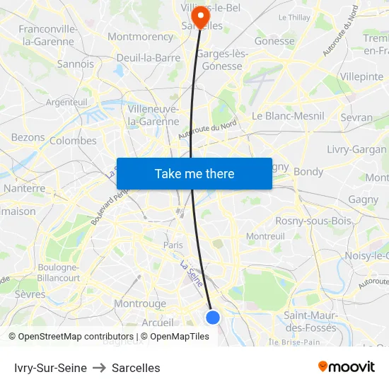 Ivry-Sur-Seine to Sarcelles map