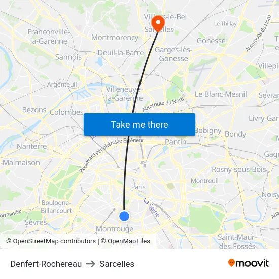 Denfert-Rochereau to Sarcelles map