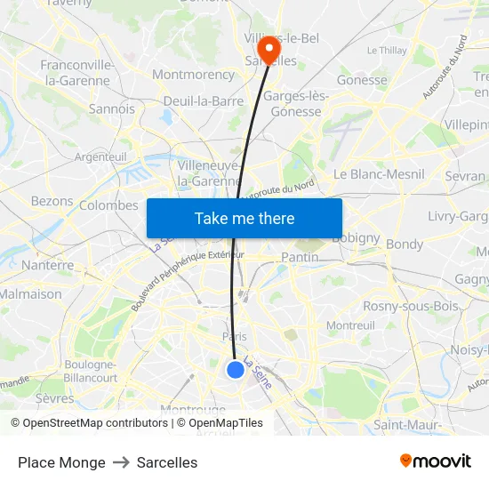 Place Monge to Sarcelles map