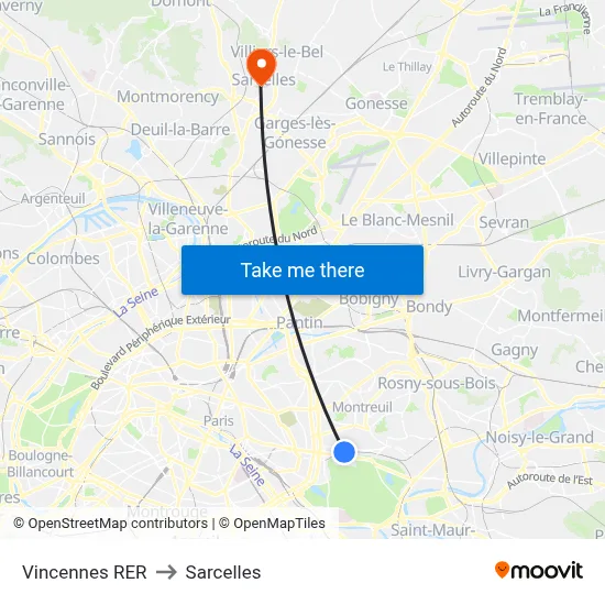 Vincennes RER to Sarcelles map