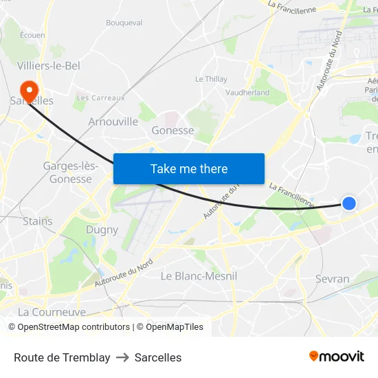 Route de Tremblay to Sarcelles map