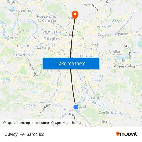 Juvisy to Sarcelles map