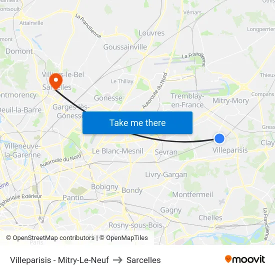 Villeparisis - Mitry-Le-Neuf to Sarcelles map