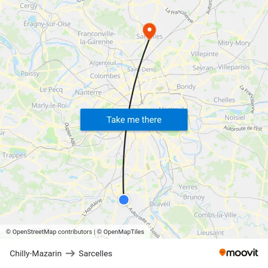 Chilly-Mazarin to Sarcelles map