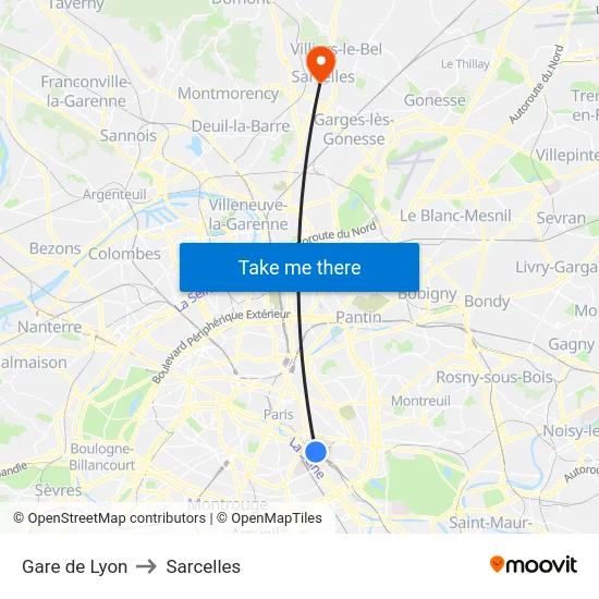 Gare de Lyon to Sarcelles map