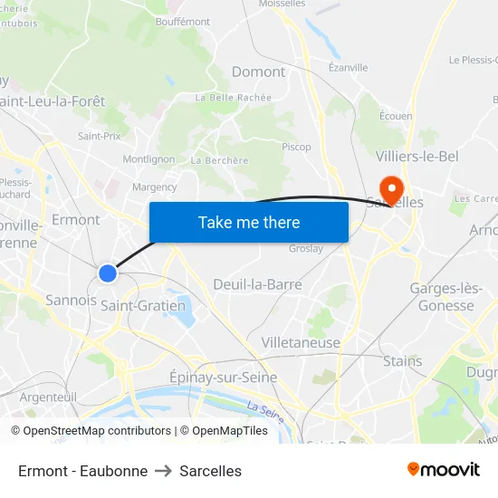 Ermont - Eaubonne to Sarcelles map