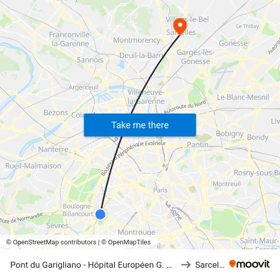 Pont du Garigliano - Hôpital Européen G. Pompidou to Sarcelles map