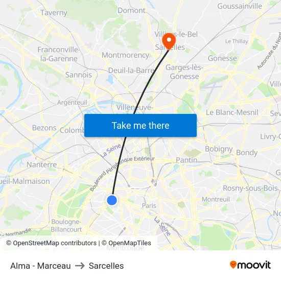 Alma - Marceau to Sarcelles map