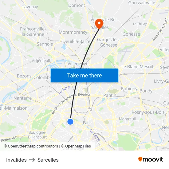 Invalides to Sarcelles map