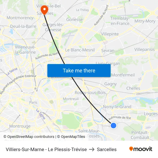 Villiers-Sur-Marne - Le Plessis-Trévise to Sarcelles map