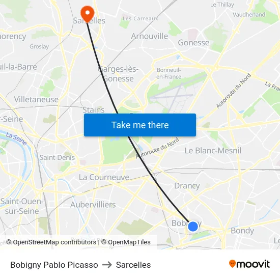 Bobigny Pablo Picasso to Sarcelles map