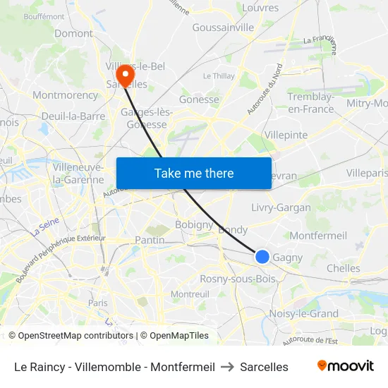 Le Raincy - Villemomble - Montfermeil to Sarcelles map