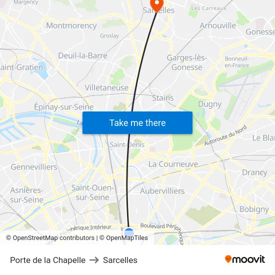 Porte de la Chapelle to Sarcelles map