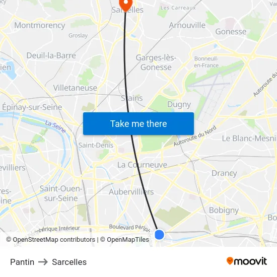 Pantin to Sarcelles map