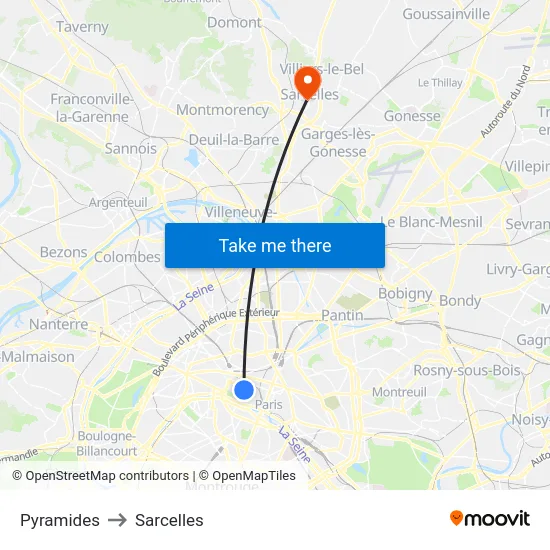 Pyramides to Sarcelles map