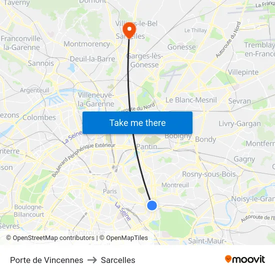 Porte de Vincennes to Sarcelles map