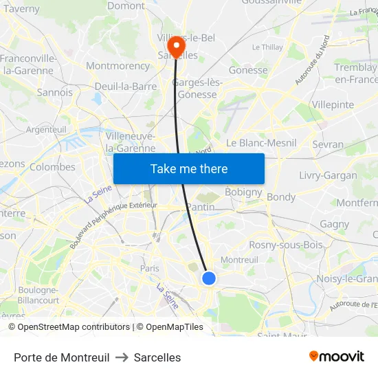 Porte de Montreuil to Sarcelles map