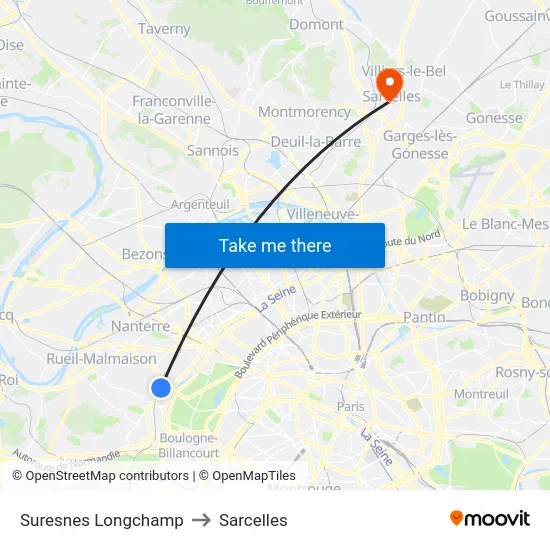 Suresnes Longchamp to Sarcelles map