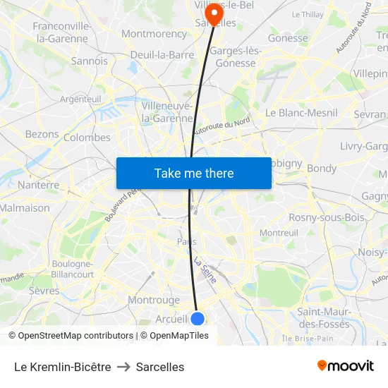 Le Kremlin-Bicêtre to Sarcelles map