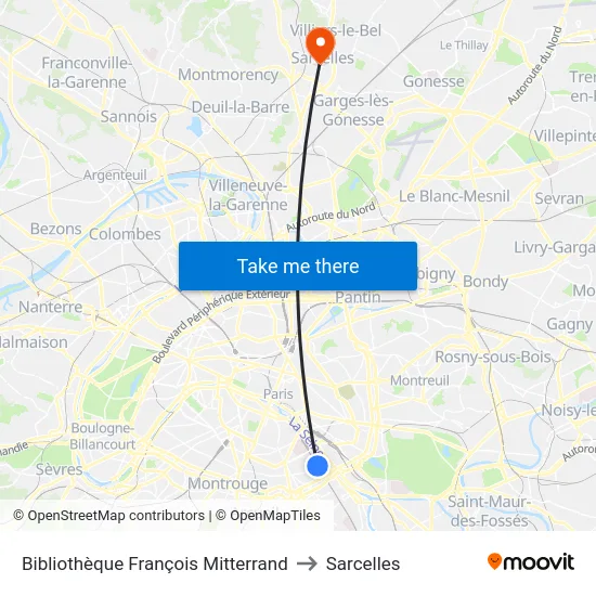 Bibliothèque François Mitterrand to Sarcelles map