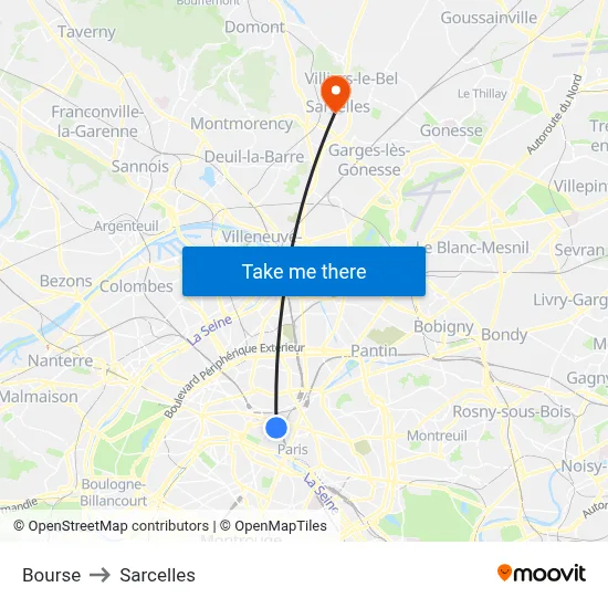 Bourse to Sarcelles map