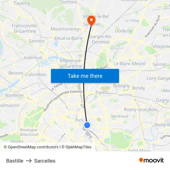 Bastille to Sarcelles map