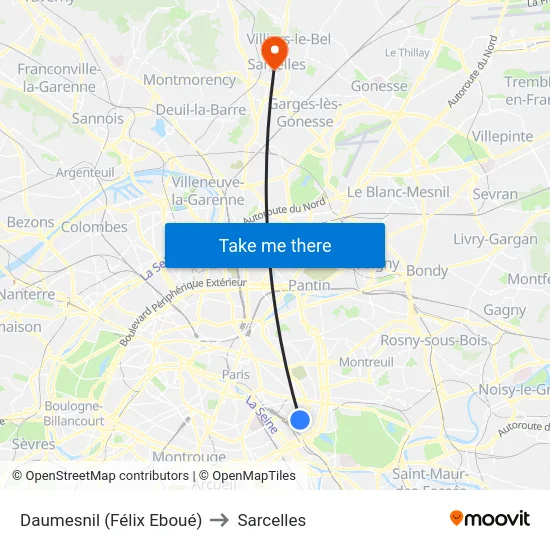 Daumesnil (Félix Eboué) to Sarcelles map