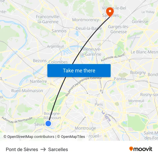 Pont de Sèvres to Sarcelles map