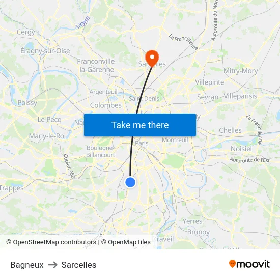 Bagneux to Sarcelles map