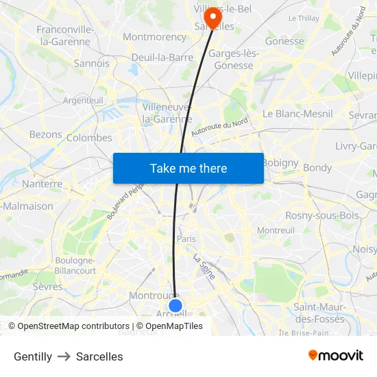 Gentilly to Sarcelles map