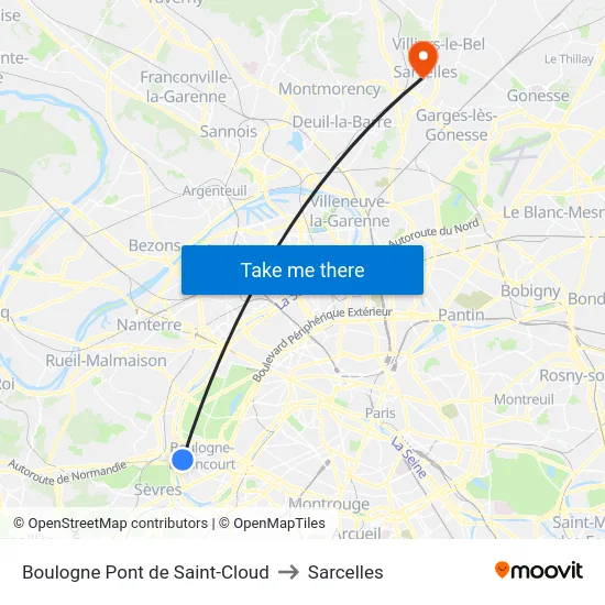 Boulogne Pont de Saint-Cloud to Sarcelles map