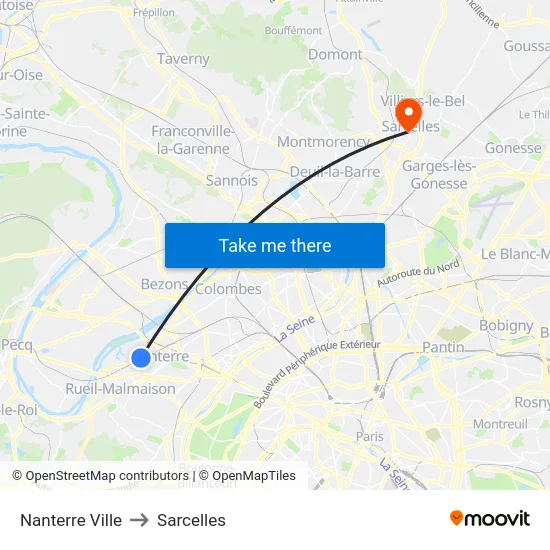 Nanterre Ville to Sarcelles map
