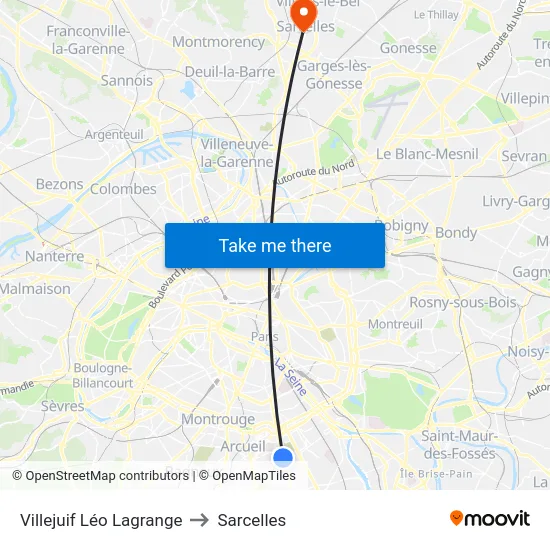 Villejuif Léo Lagrange to Sarcelles map