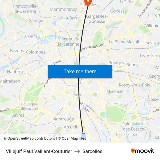 Villejuif Paul Vaillant-Couturier to Sarcelles map