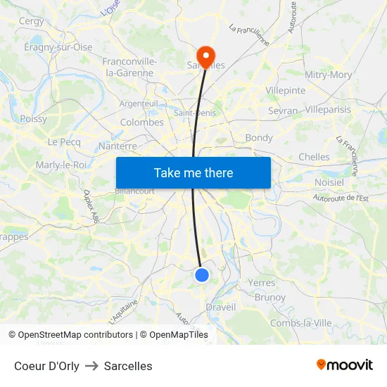 Coeur D'Orly to Sarcelles map