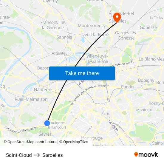 Saint-Cloud to Sarcelles map