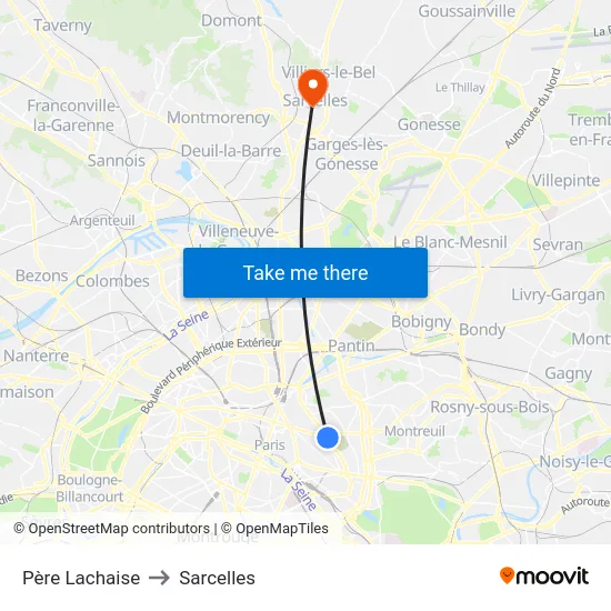 Père Lachaise to Sarcelles map