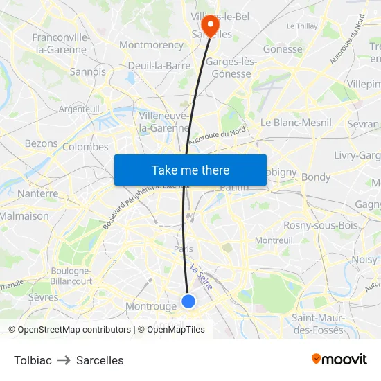 Tolbiac to Sarcelles map