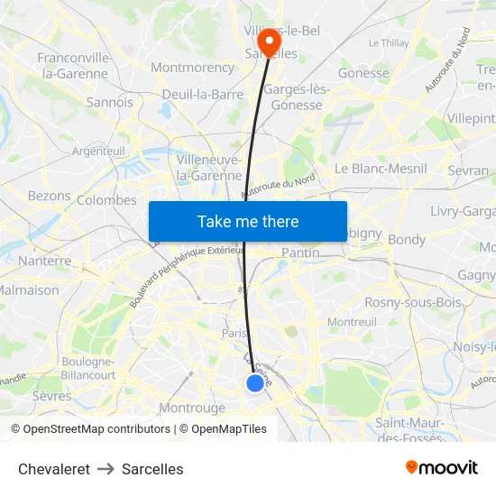 Chevaleret to Sarcelles map