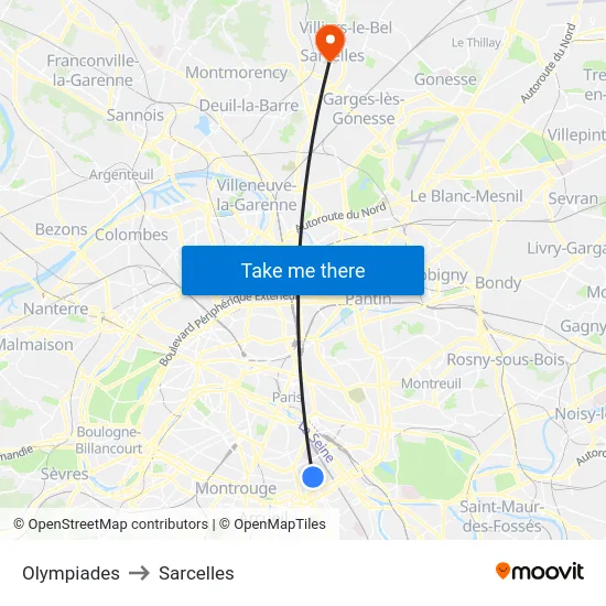 Olympiades to Sarcelles map