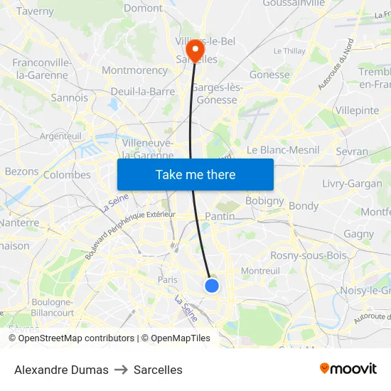 Alexandre Dumas to Sarcelles map