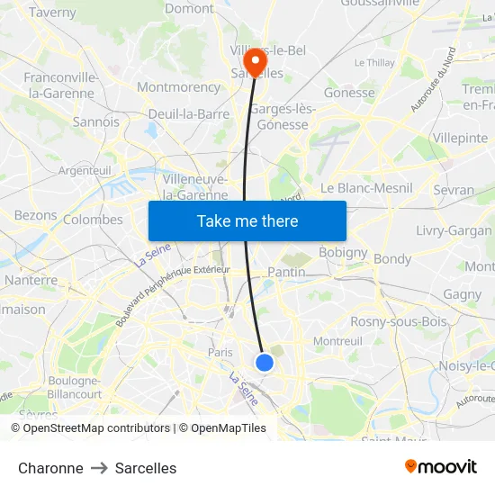 Charonne to Sarcelles map