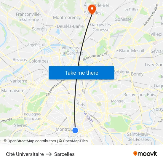 Cité Universitaire to Sarcelles map