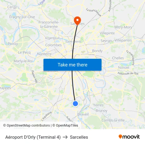 Aéroport D’Orly (Terminal 4) to Sarcelles map